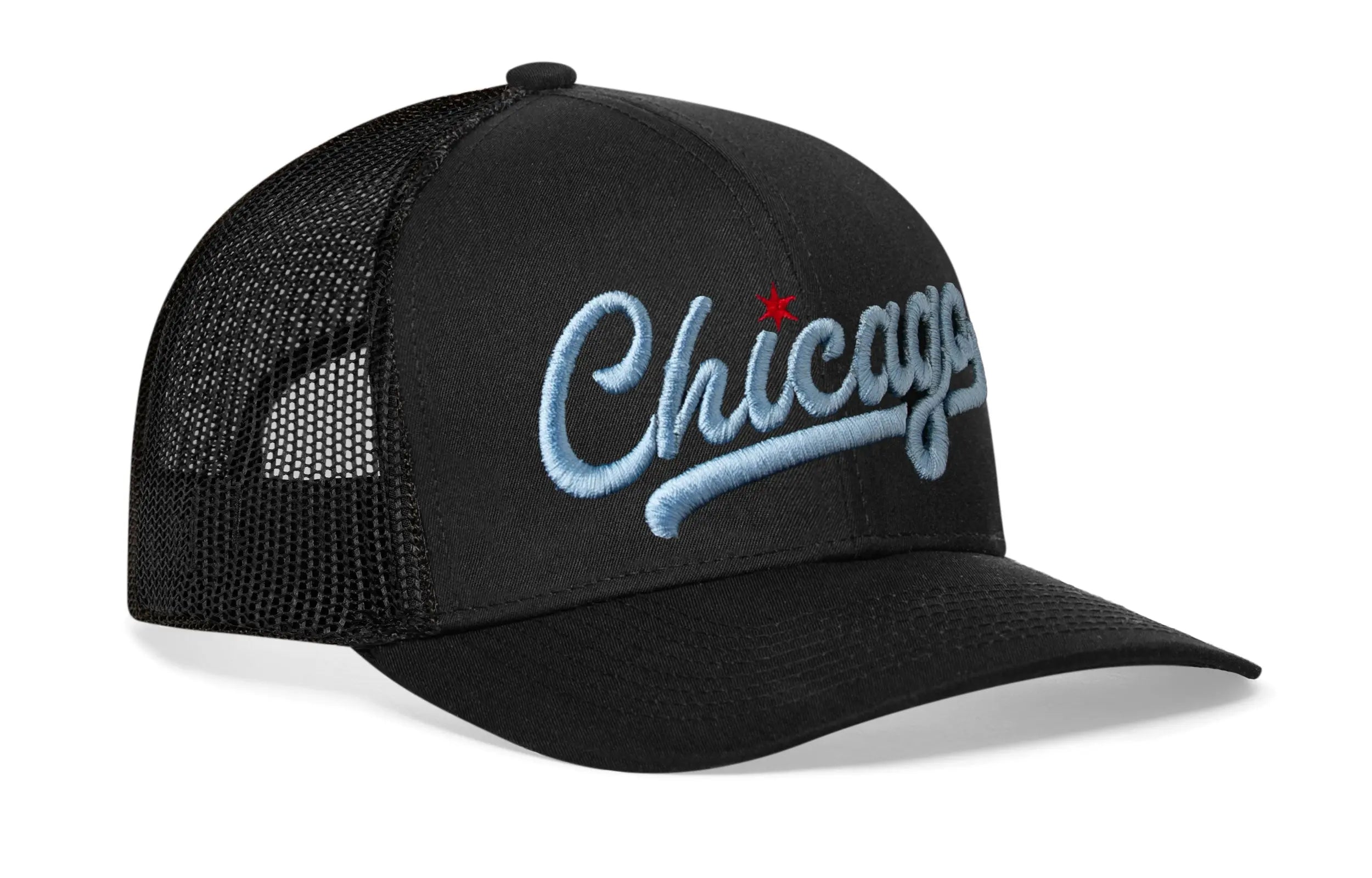 Chicago Light Blue Script Trucker Hat  |  Black Illinois Snapback Haka Hat