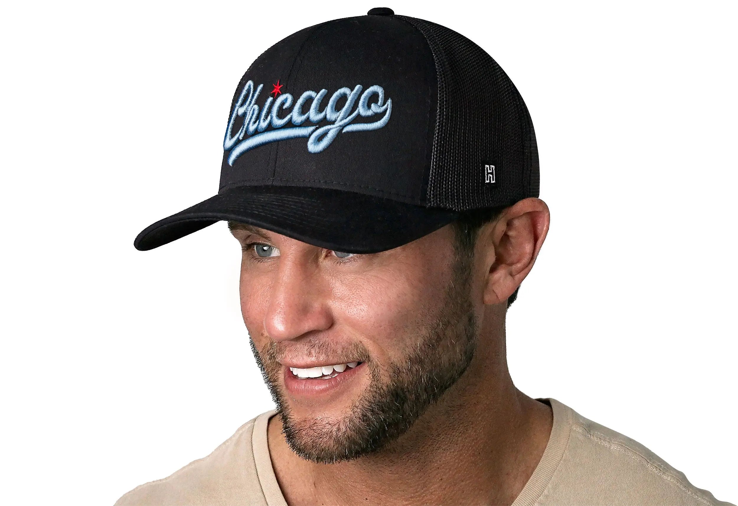 Chicago Light Blue Script Trucker Hat  |  Black Illinois Snapback Haka Hat