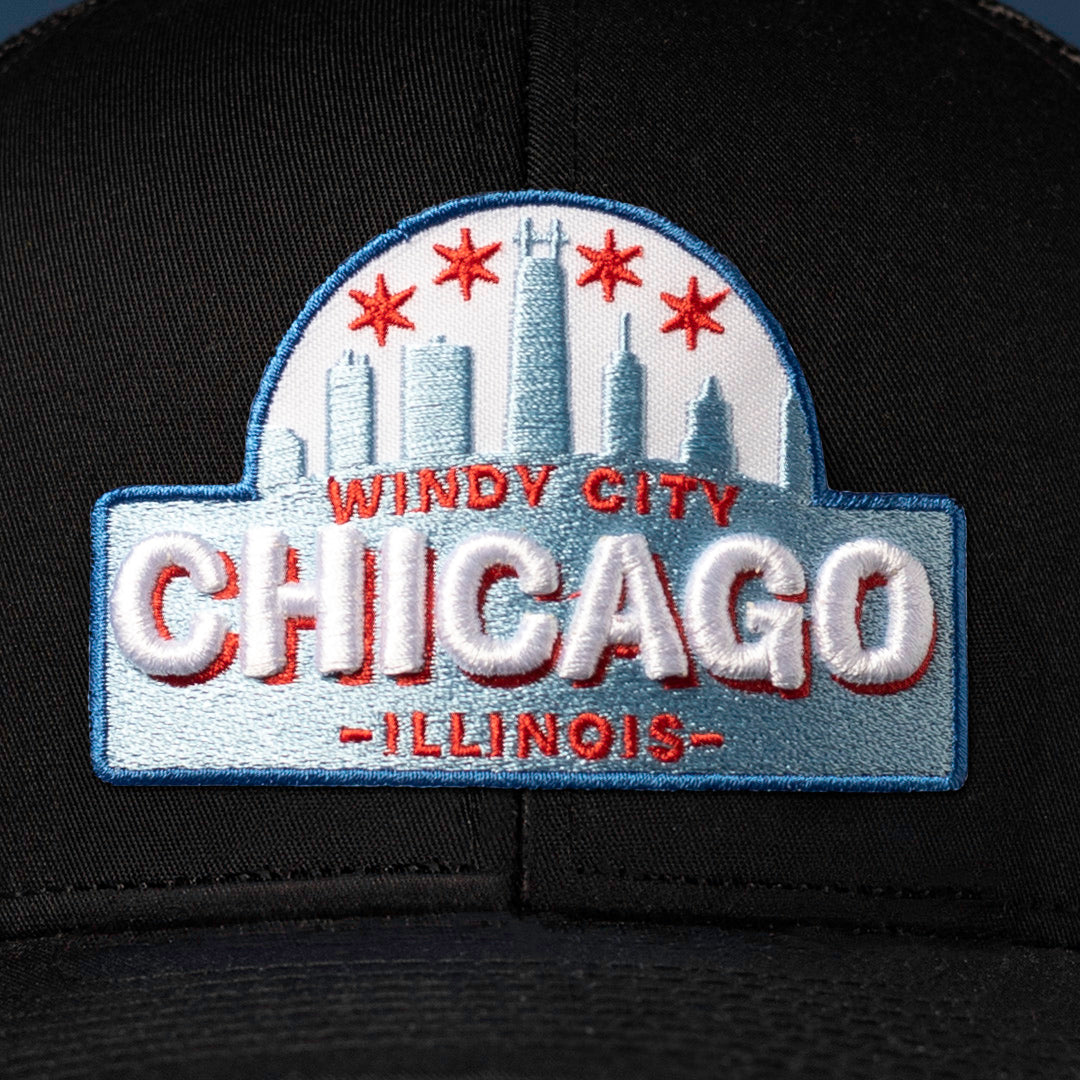 Chicago Windy City Trucker Hat — Black Cityscape Snapback Haka Hat