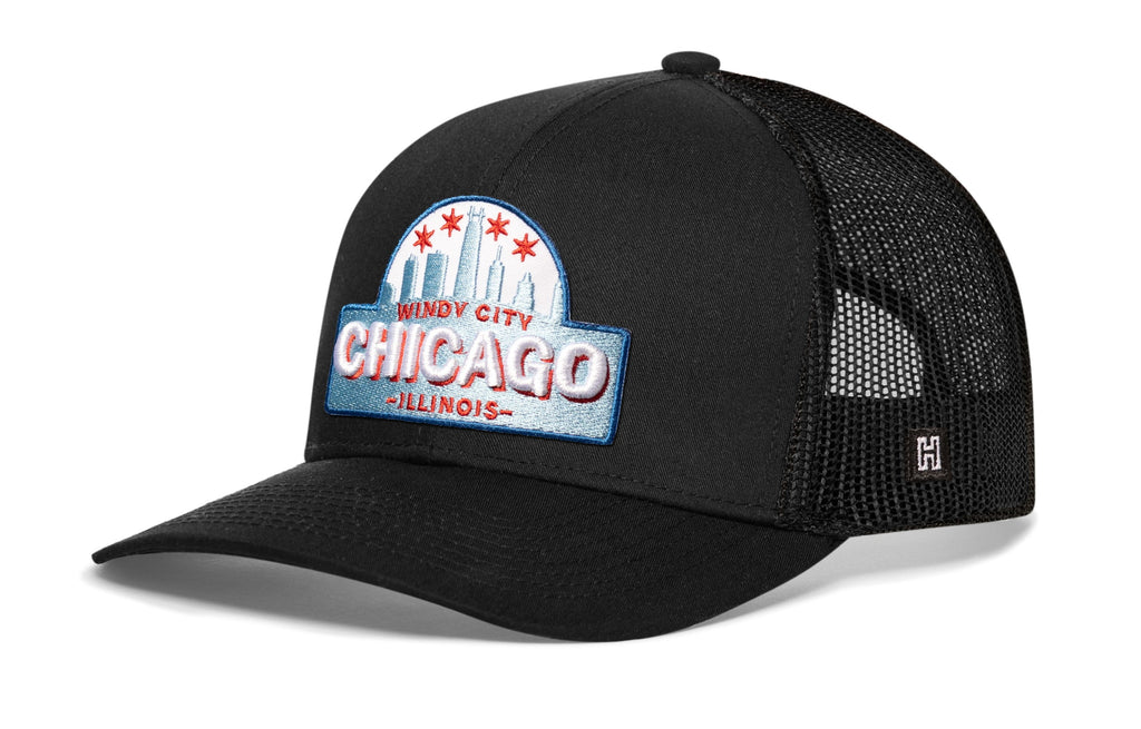 Chicago Windy City Trucker Hat — Black Cityscape Snapback Haka Hat