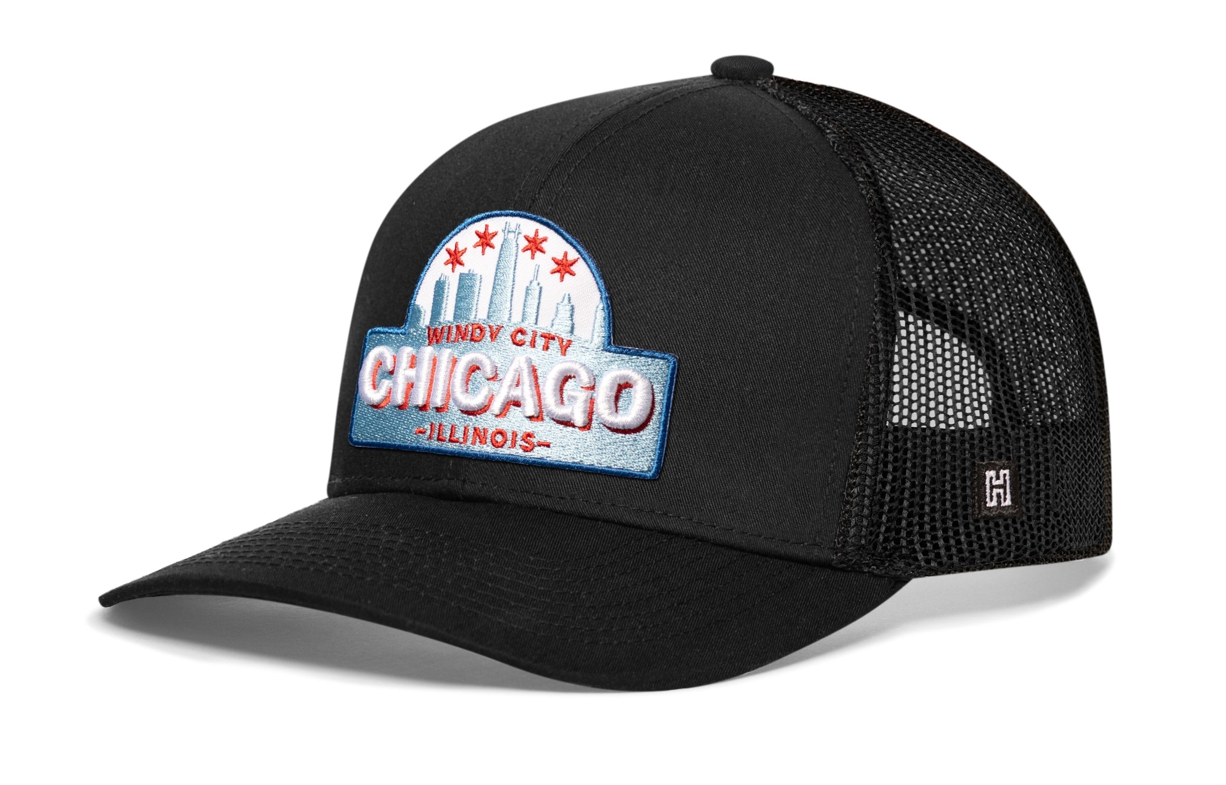 Chicago Windy City Trucker Hat — Black Cityscape Snapback Haka Hat