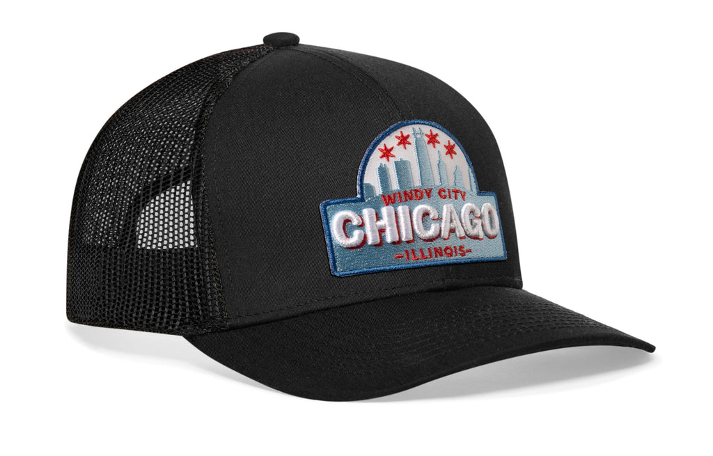 Chicago Windy City Trucker Hat — Black Cityscape Snapback Haka Hat