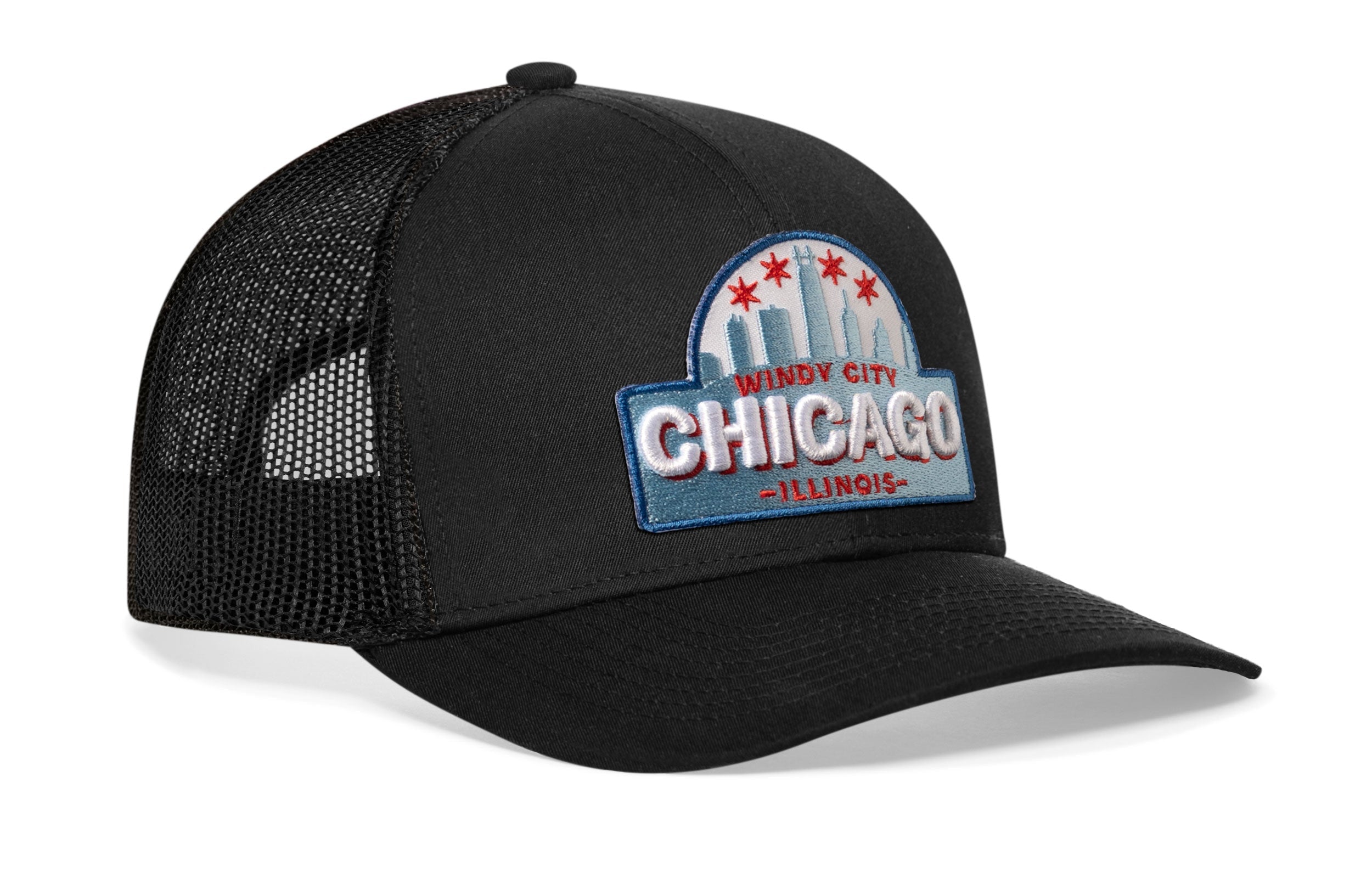 Chicago Windy City Trucker Hat — Black Cityscape Snapback Haka Hat