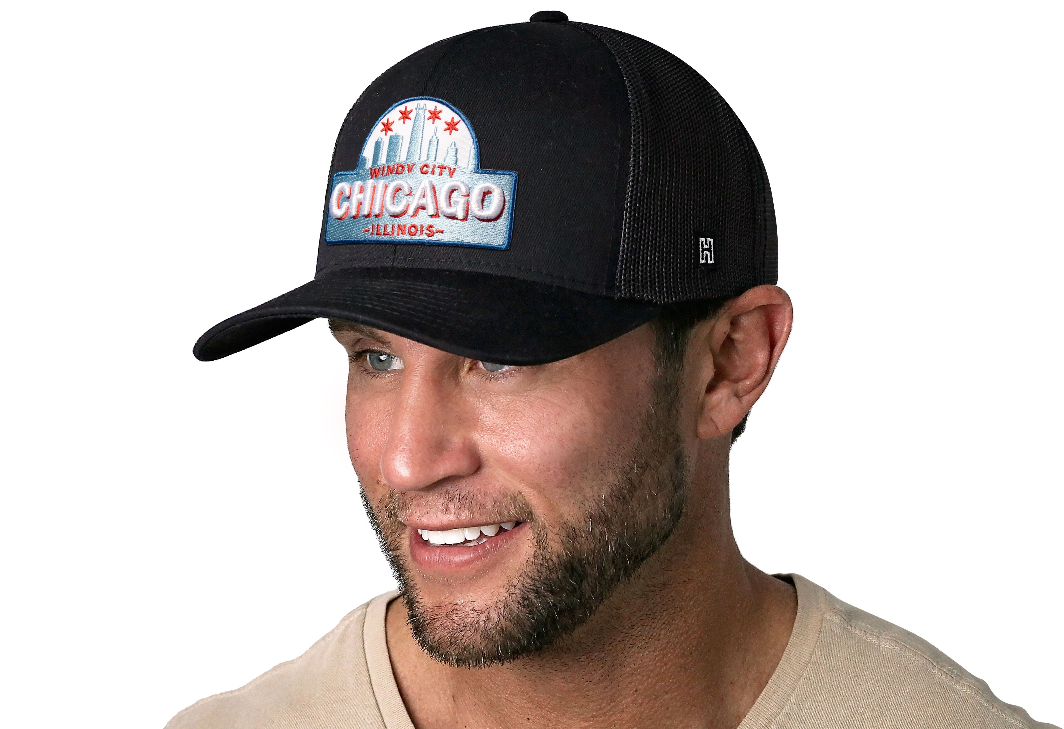 Chicago Windy City Trucker Hat — Black Cityscape Snapback Haka Hat