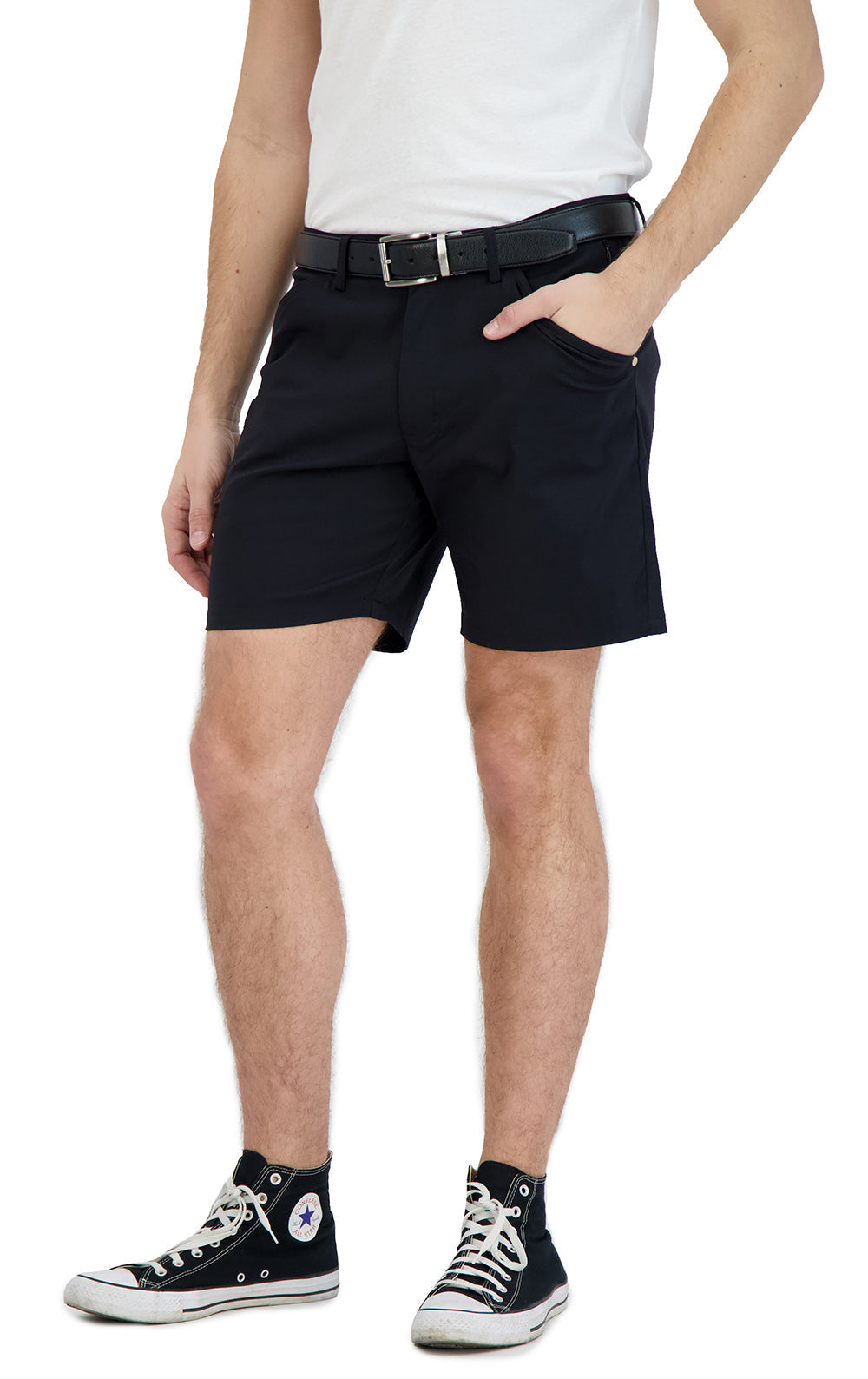 Mens black business casual shorts — front view