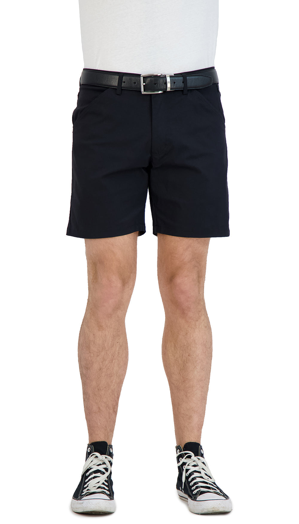 Black stretch shorts — waistband detail