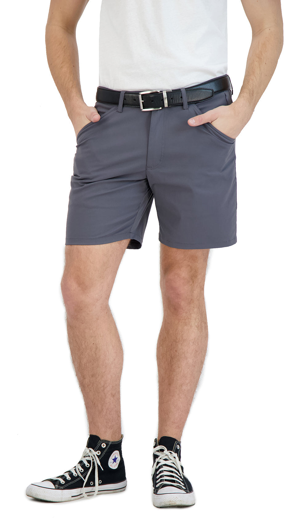 LEVINAS Everyday Stretch Shorts in grey, side view showing tailored fit
