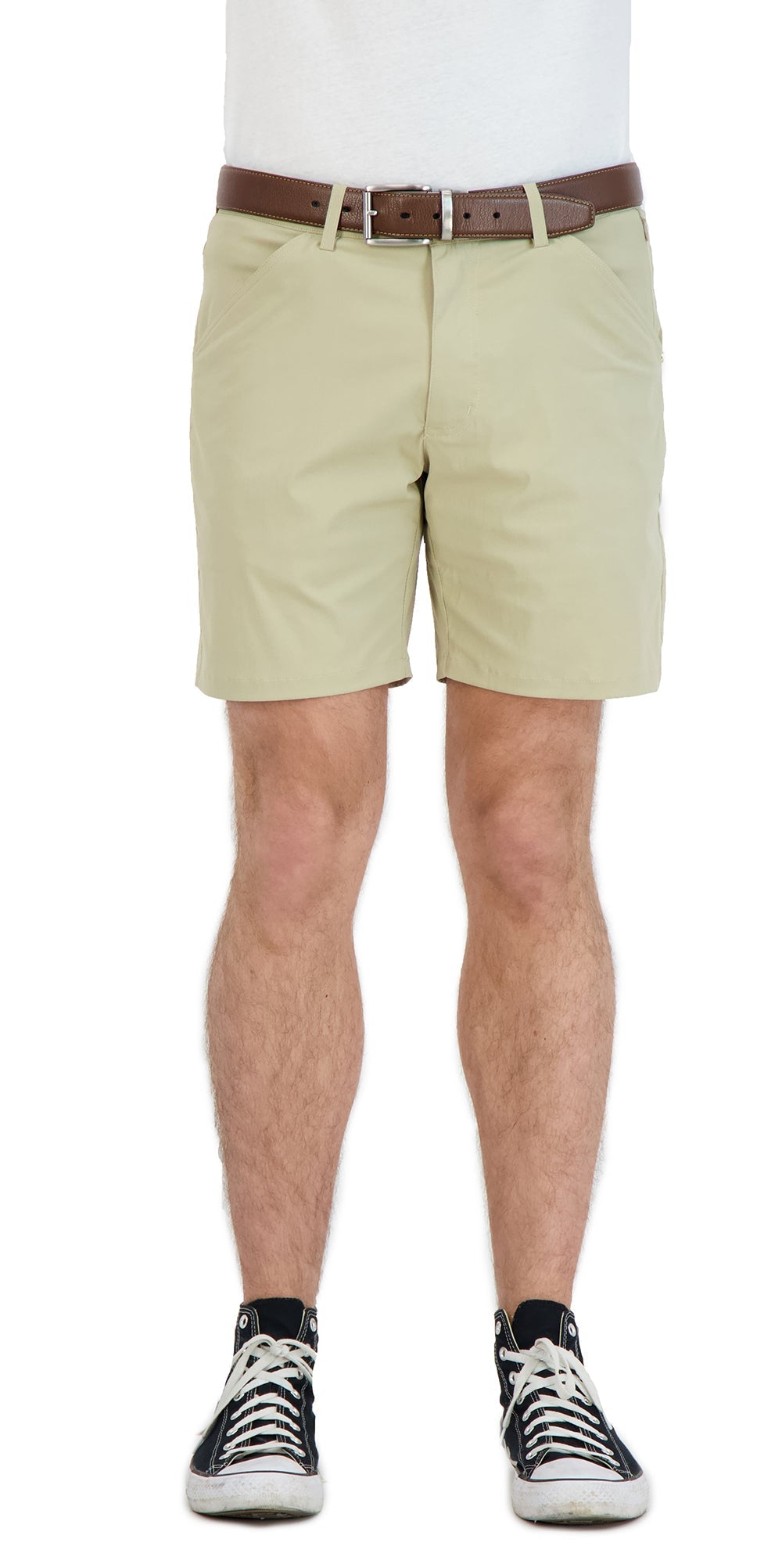 Khaki stretch shorts — waistband detail