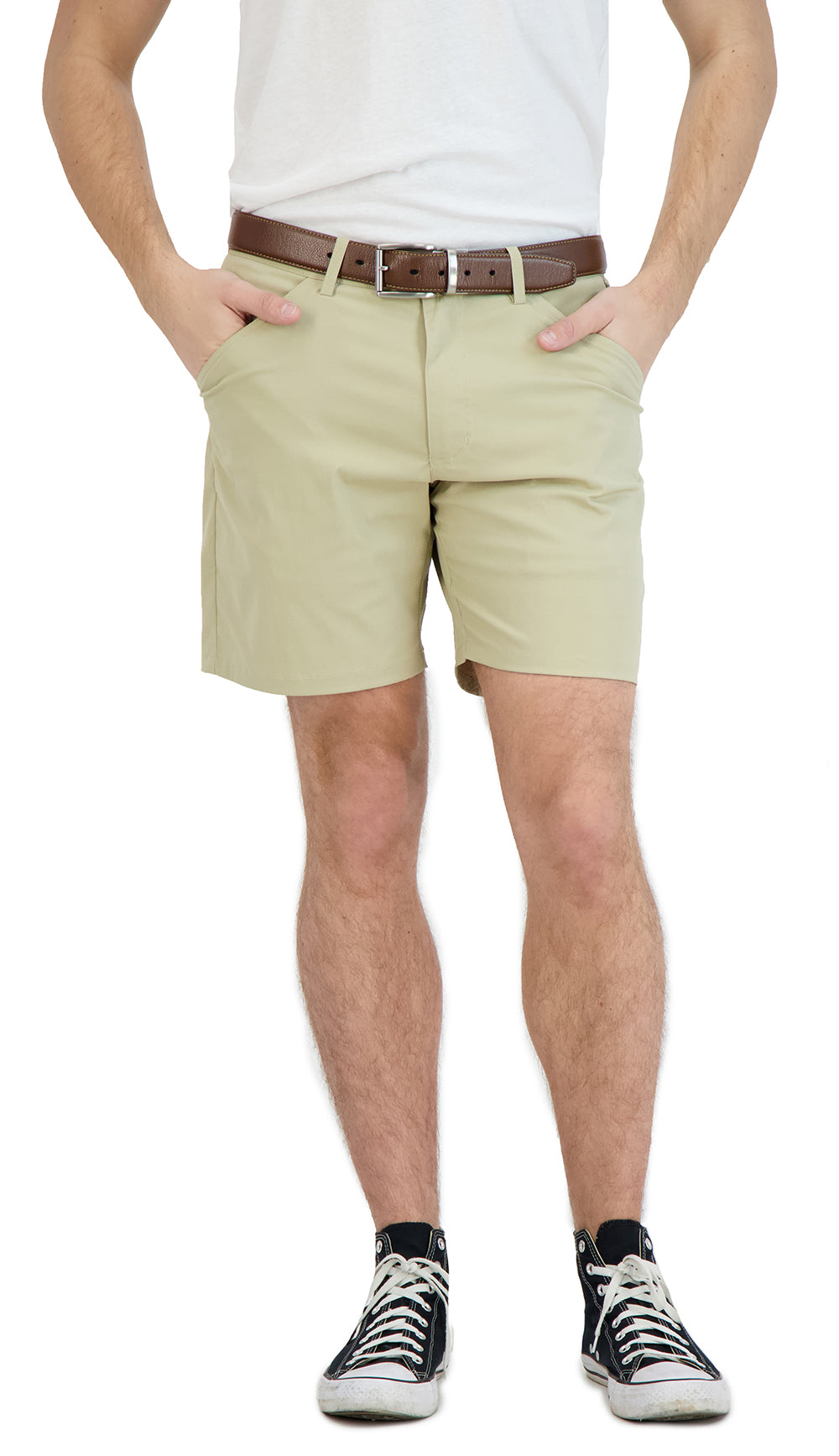 Khaki business casual stretch shorts — built-in liner detail