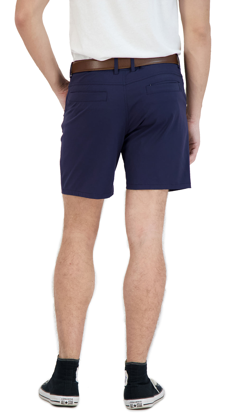 Navy business casual shorts — full view