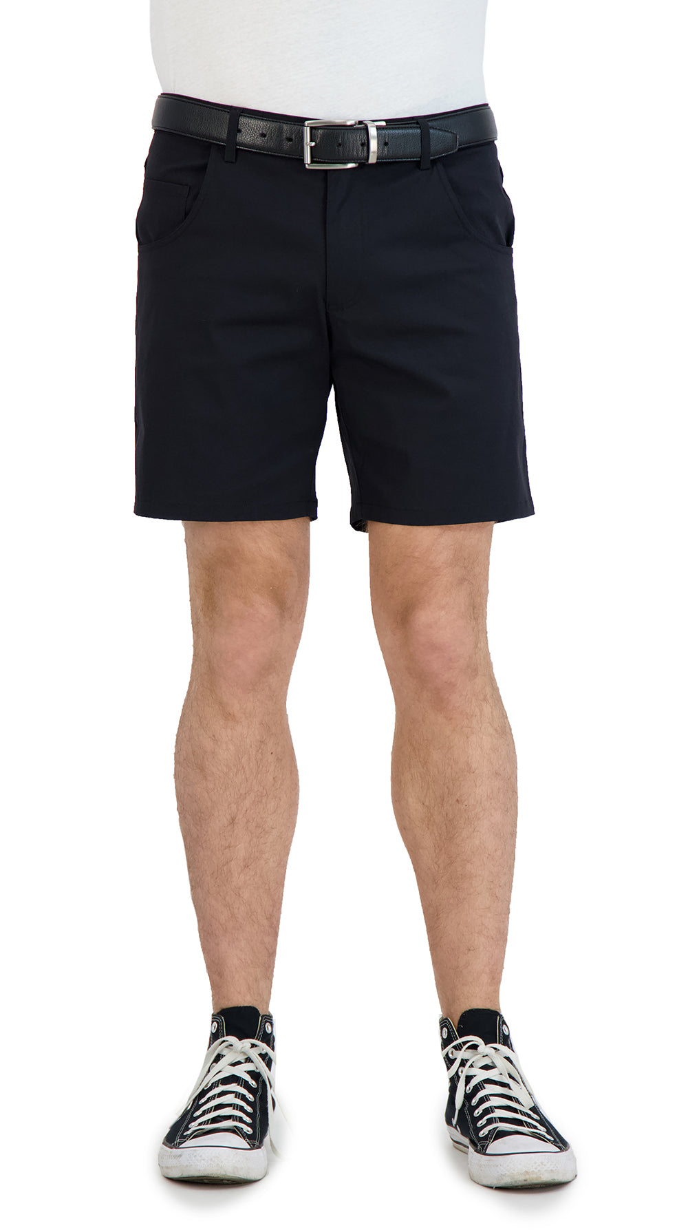 Everyday black denim shorts — side profile