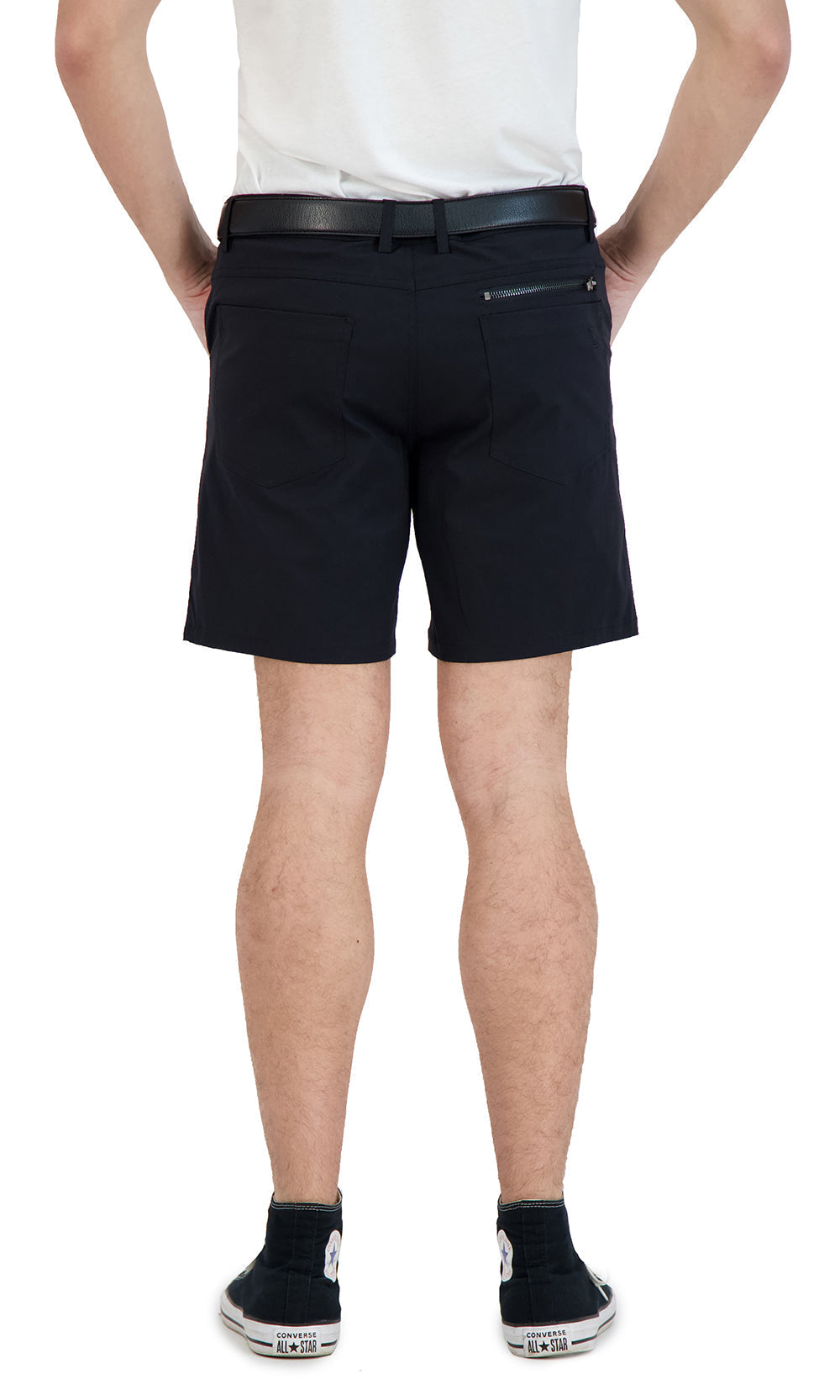Black denim style stretch shorts — built-in liner detail