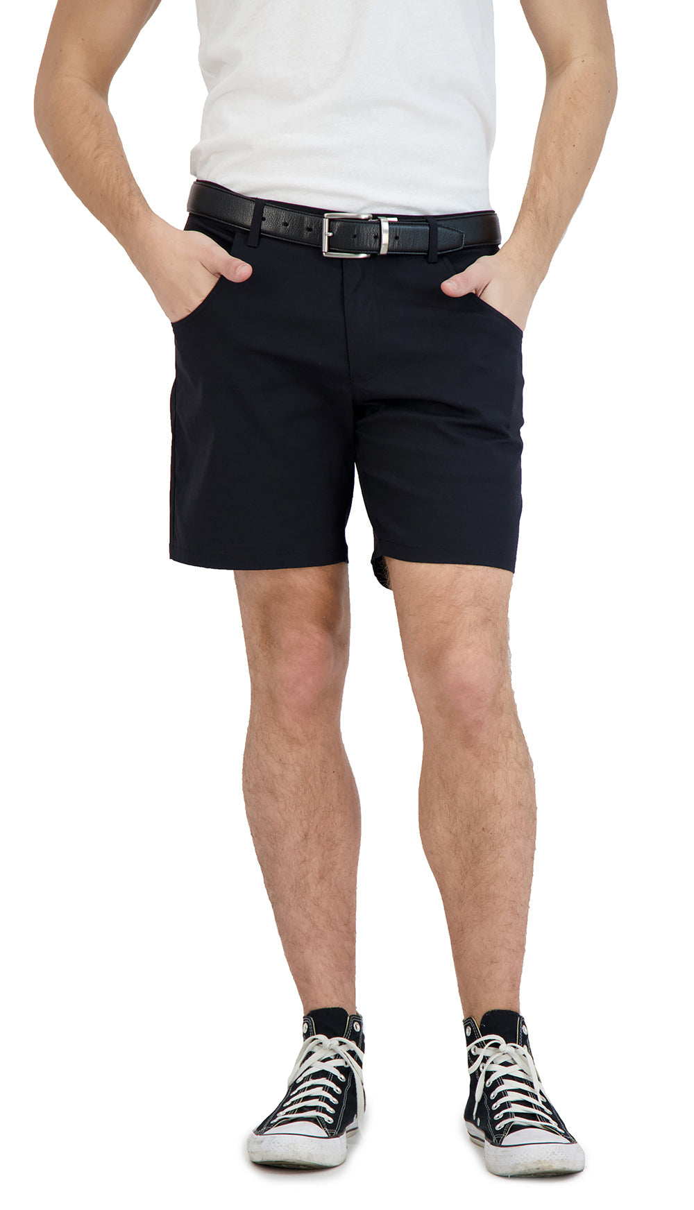 Black denim shorts — waistband detail