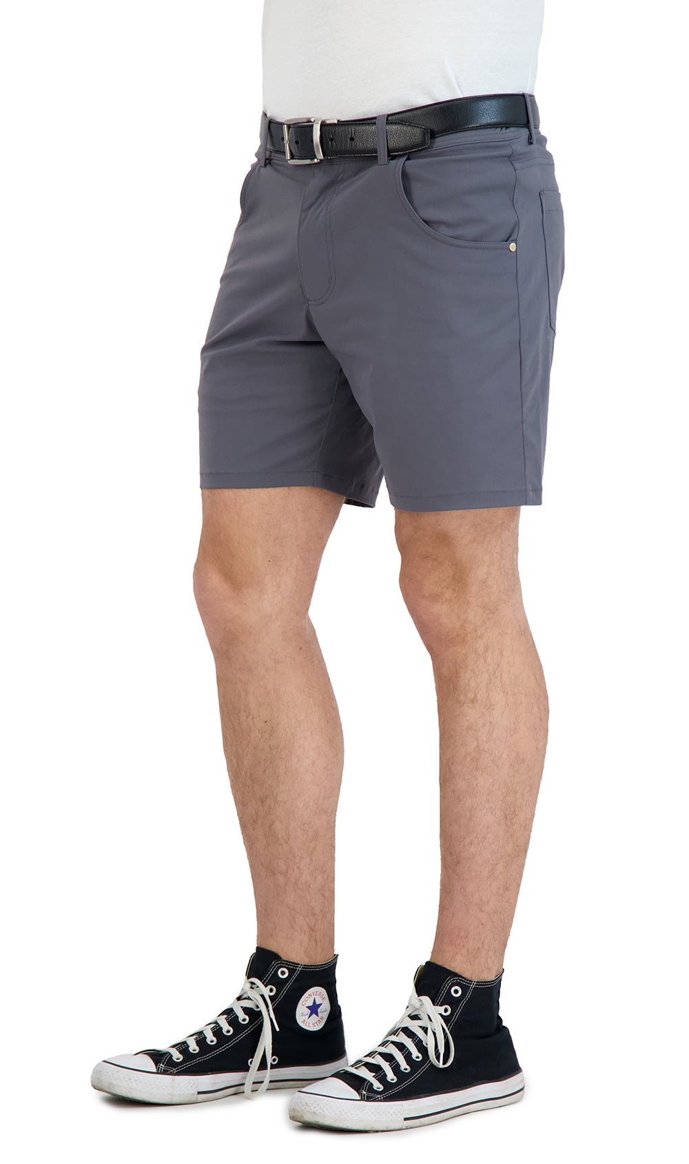 Grey denim style shorts — full view