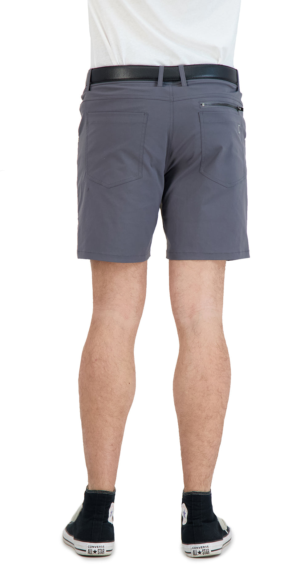 Mens grey denim style shorts — front view