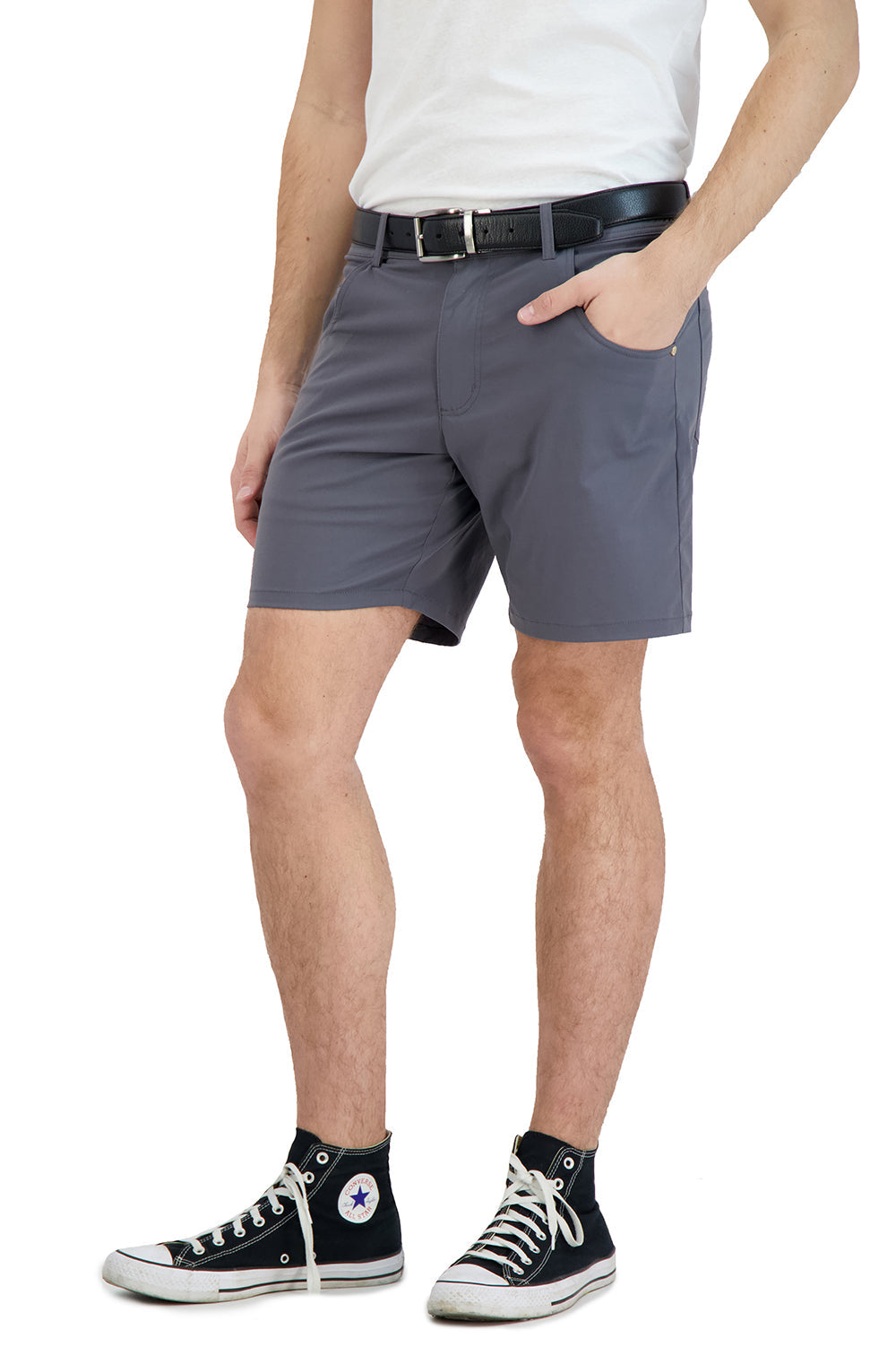 Grey stretch shorts — waistband detail