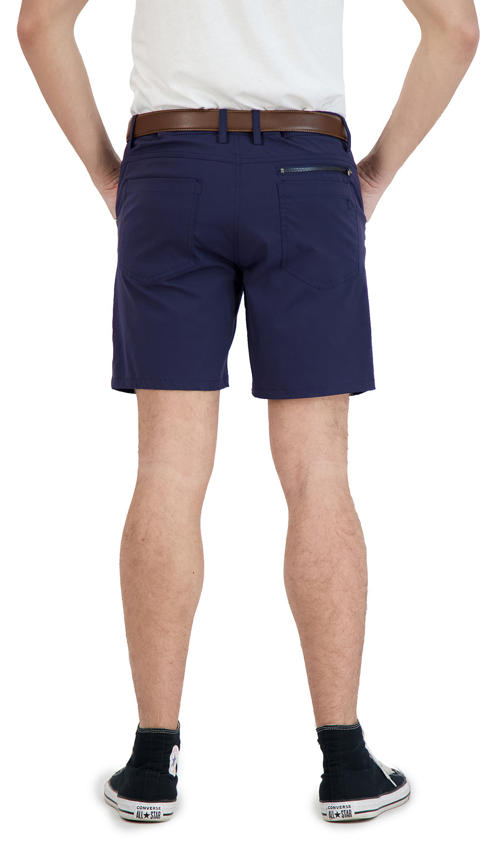 Everyday navy denim shorts — side profile