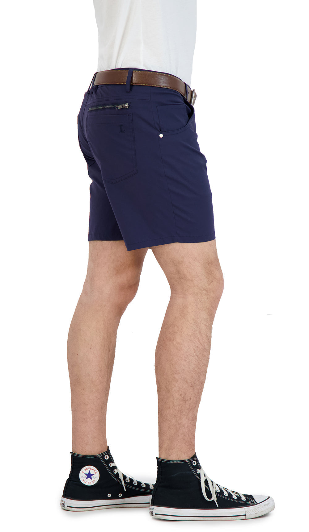 Mens navy denim style shorts — front view
