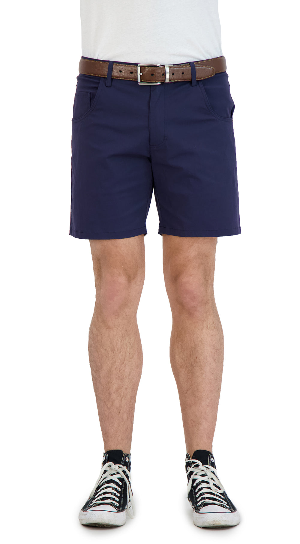 Navy denim style shorts — full view