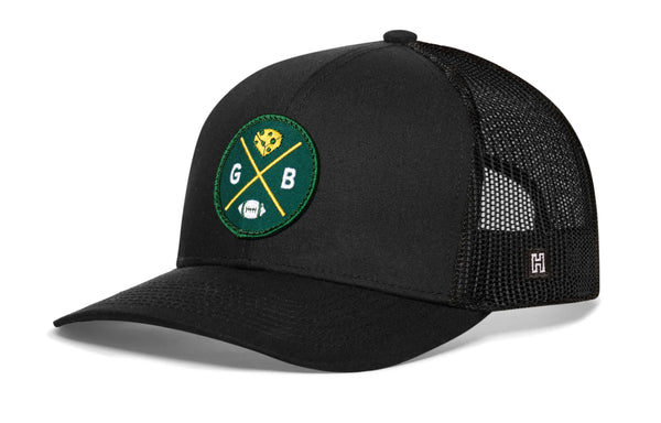 Green Bay Trucker Hat  |  Black GB Cheese X Football Snapback Haka Hat