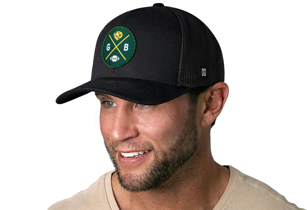 Green Bay Trucker Hat  |  Black GB Cheese X Football Snapback Haka Hat