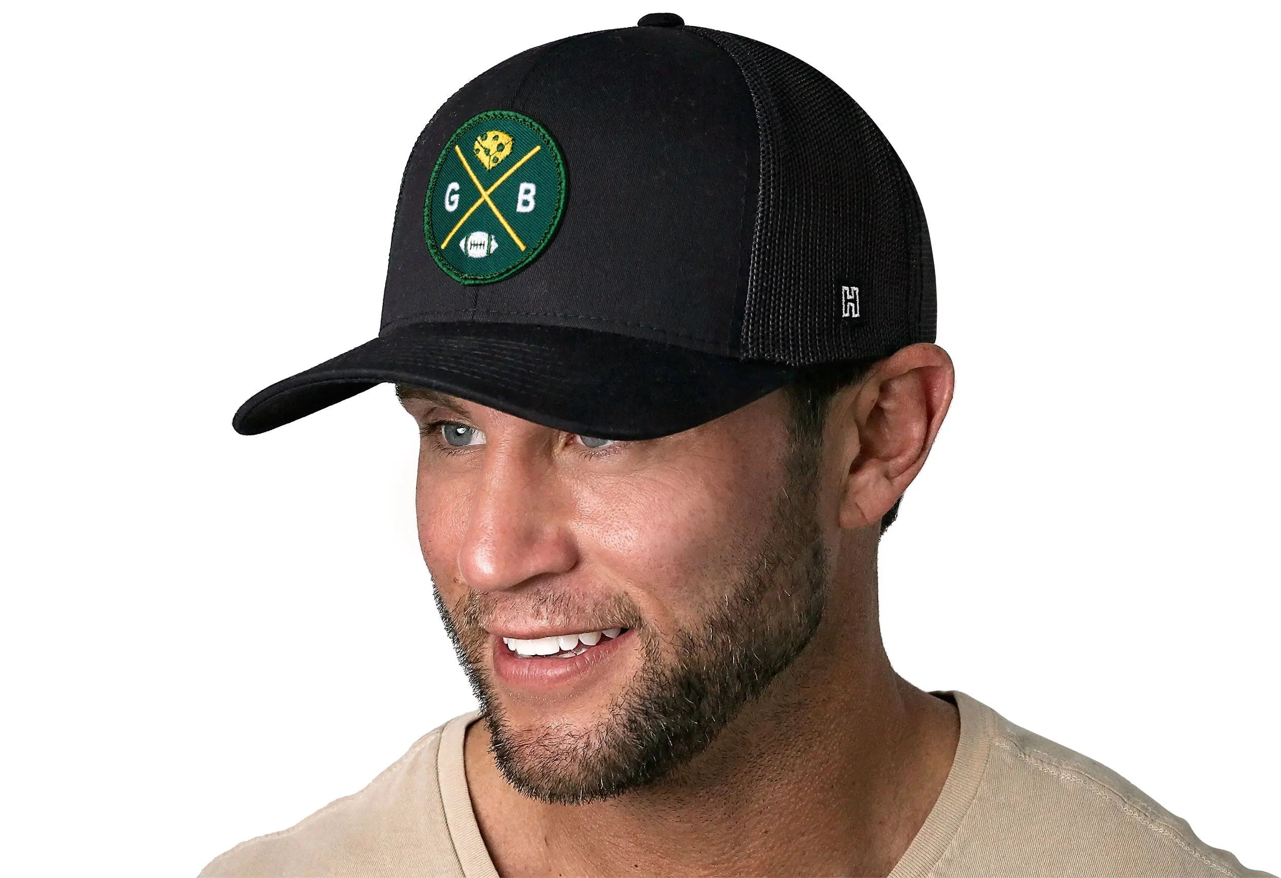 Green Bay Trucker Hat  |  Black GB Cheese X Football Snapback Haka Hat