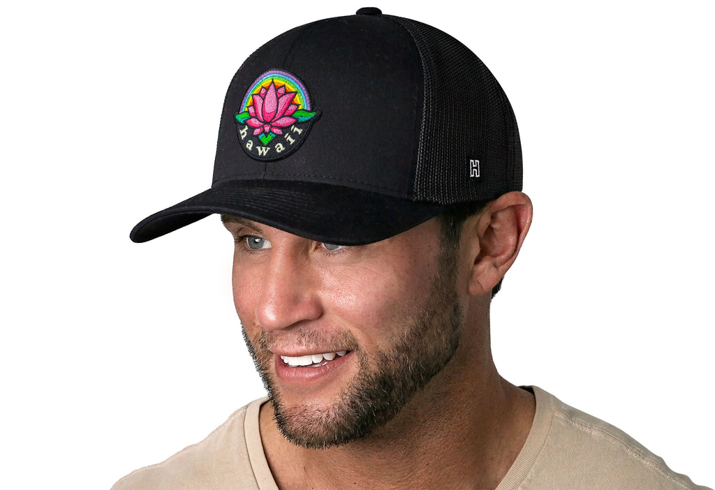 Hawaii Aloha Trucker Hat — Black HI Flower Snapback Haka Hat