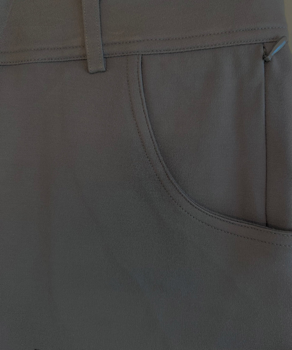 Charcoal chinos — fabric and waistband detail