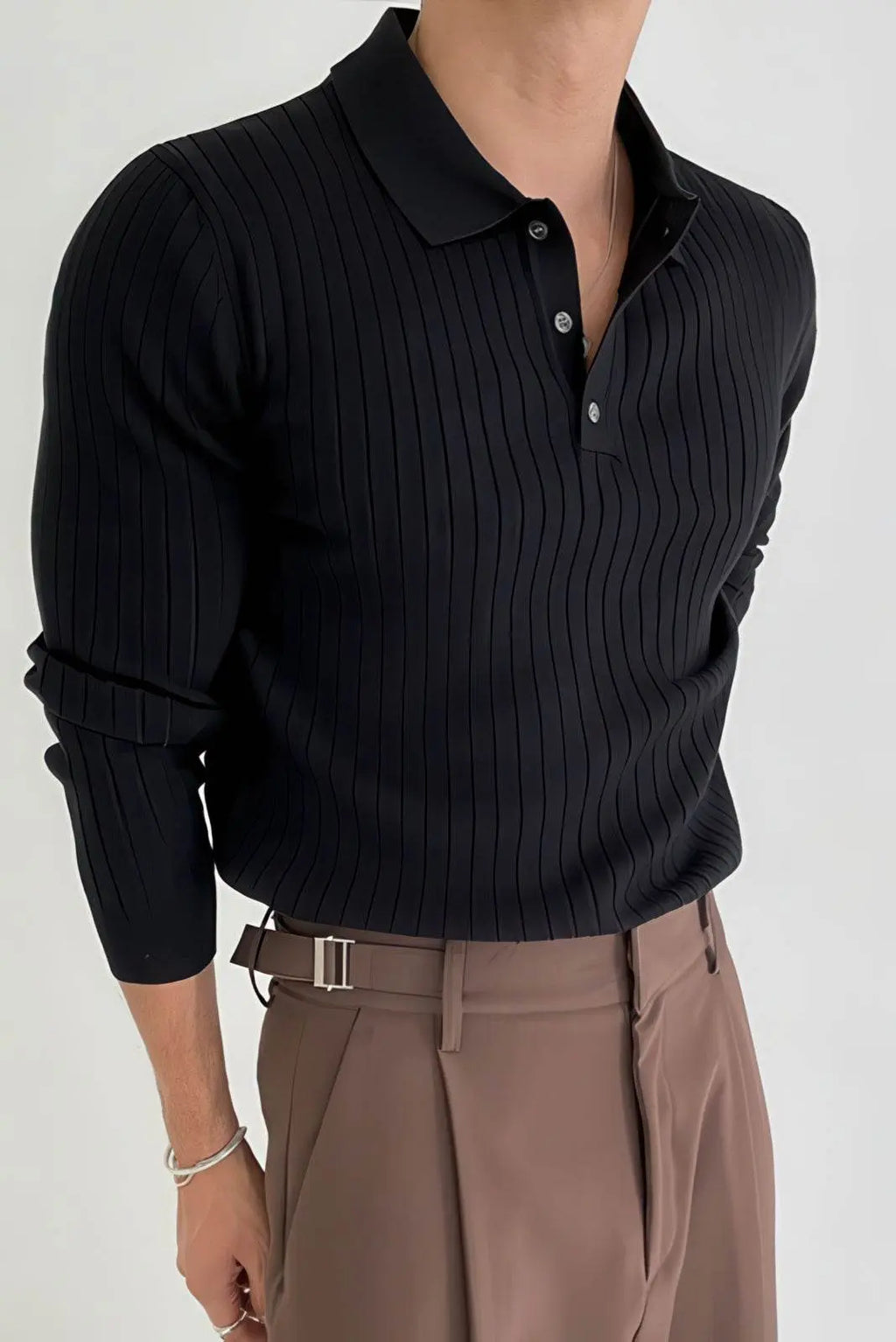 Men's Striped Knit Polo Shirt — Muscle Fit Long Sleeve 4inme