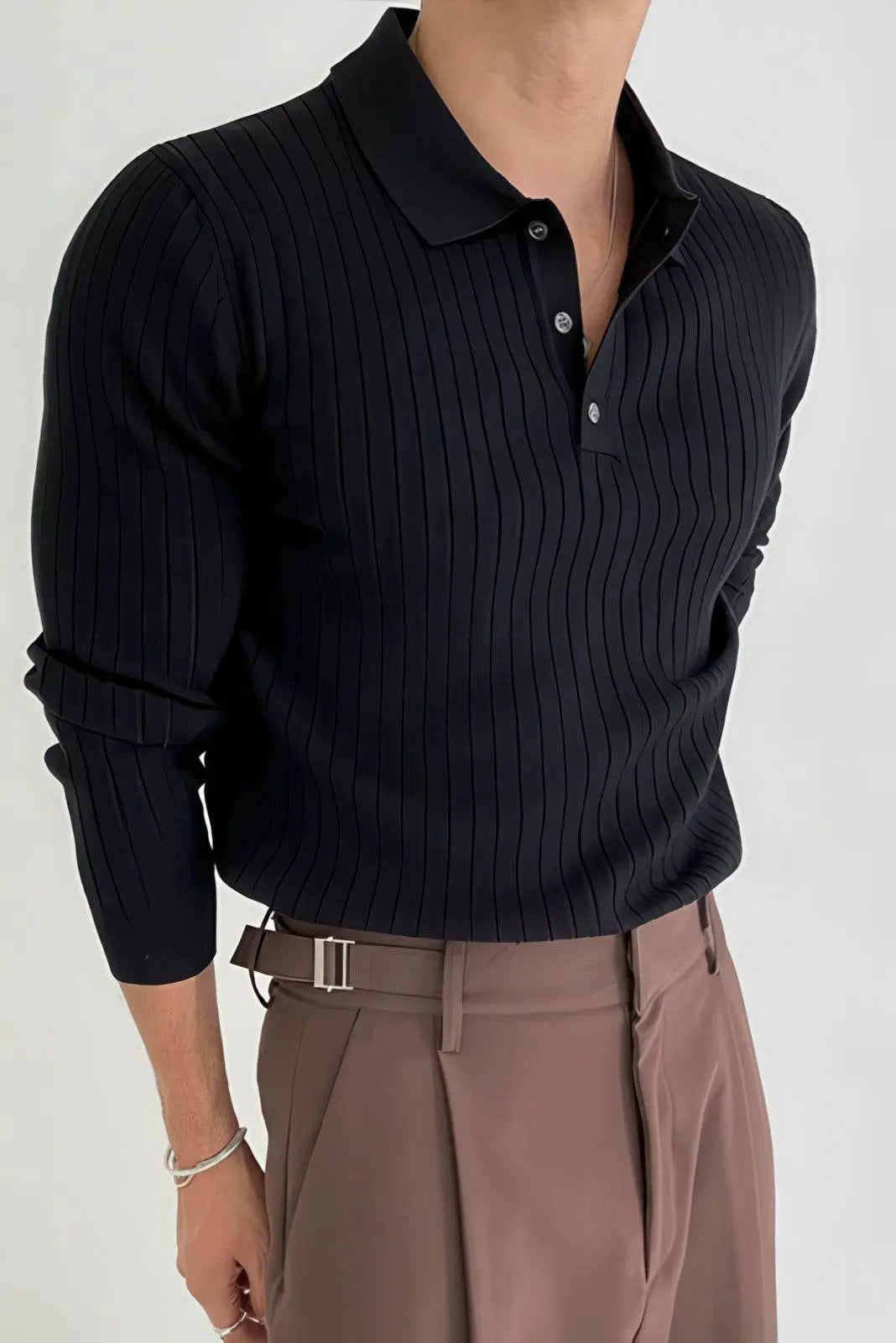 Men's Striped Knit Polo Shirt — Muscle Fit Long Sleeve 4inme