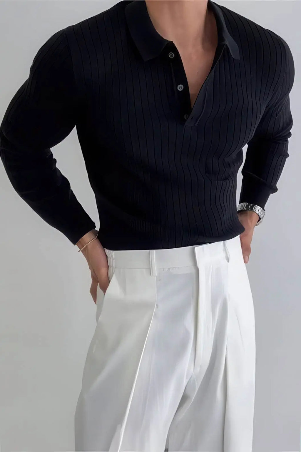 Men's Striped Knit Polo Shirt — Muscle Fit Long Sleeve 4inme