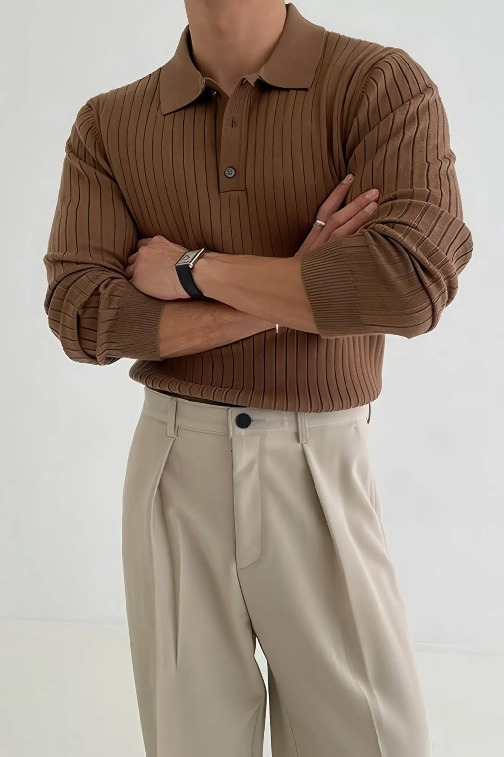 Men's Striped Knit Polo Shirt — Muscle Fit Long Sleeve 4inme