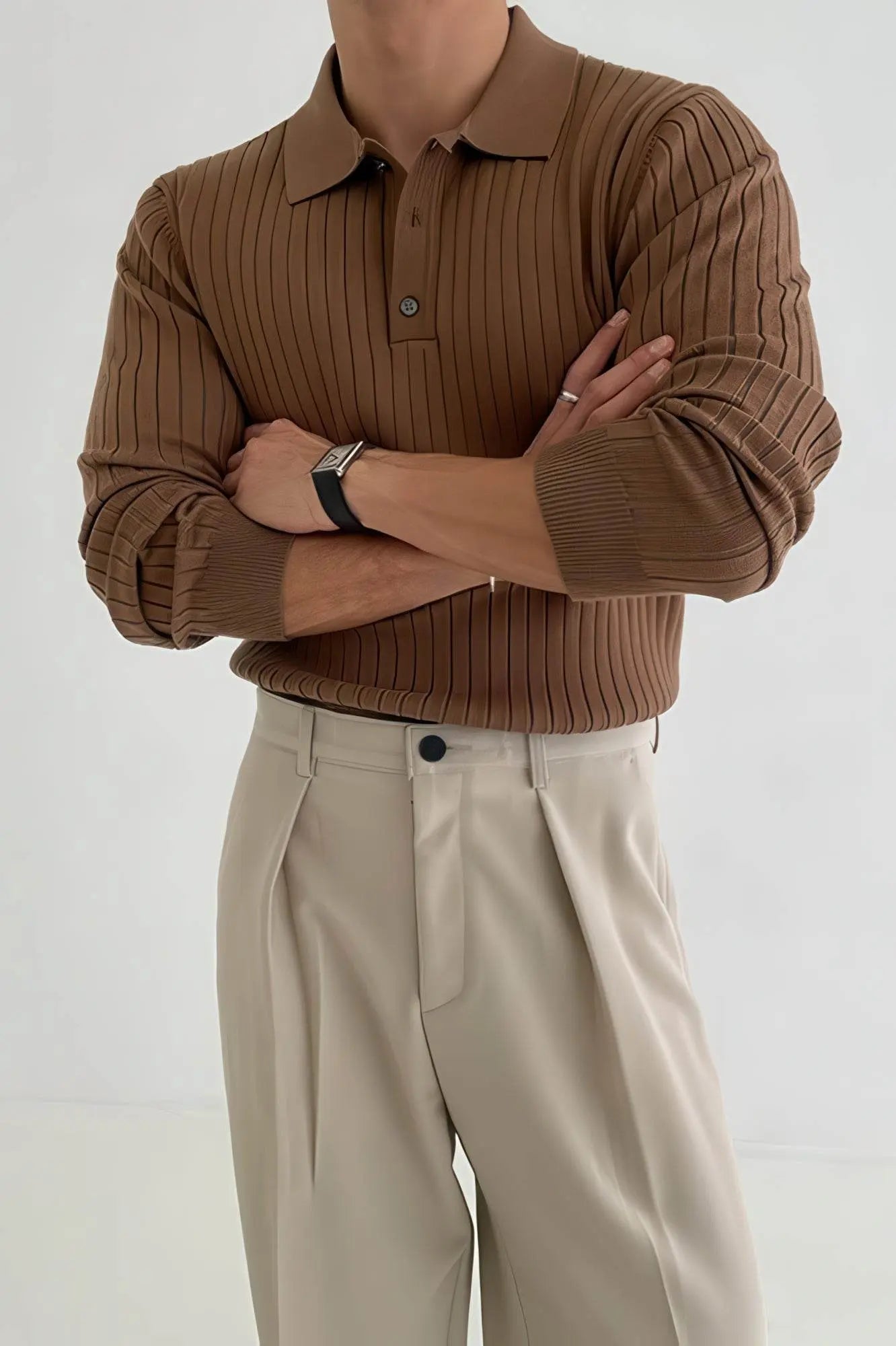Men's Striped Knit Polo Shirt — Muscle Fit Long Sleeve 4inme