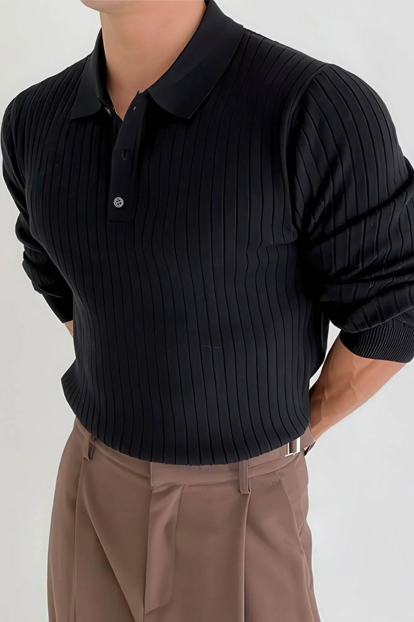 Men's Striped Knit Polo Shirt — Muscle Fit Long Sleeve 4inme