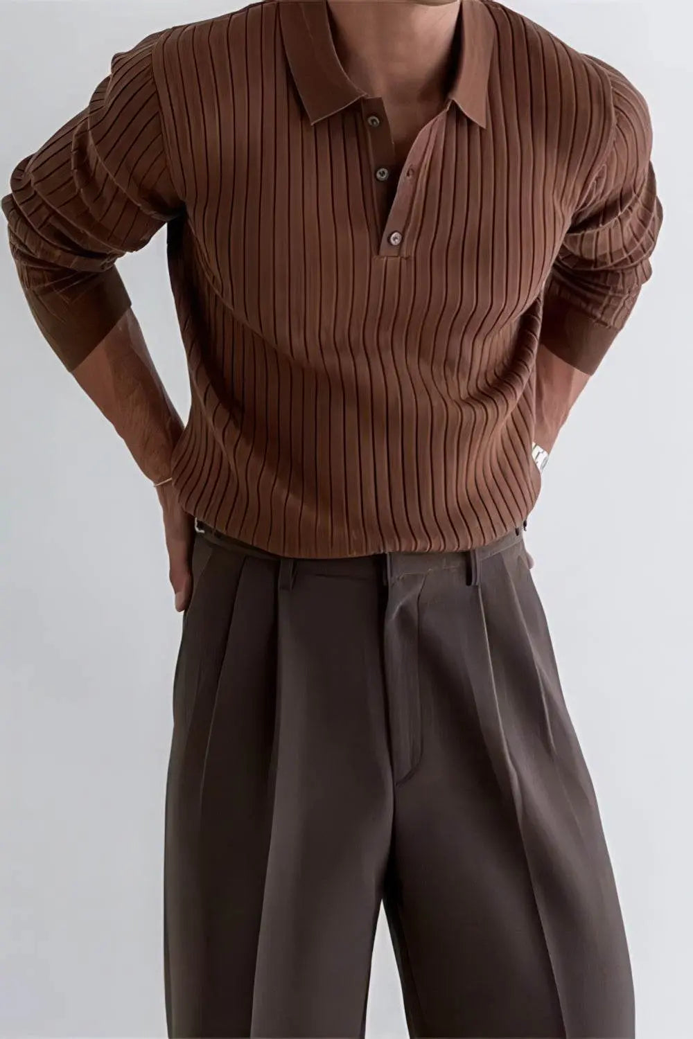 Men's Striped Knit Polo Shirt — Muscle Fit Long Sleeve 4inme
