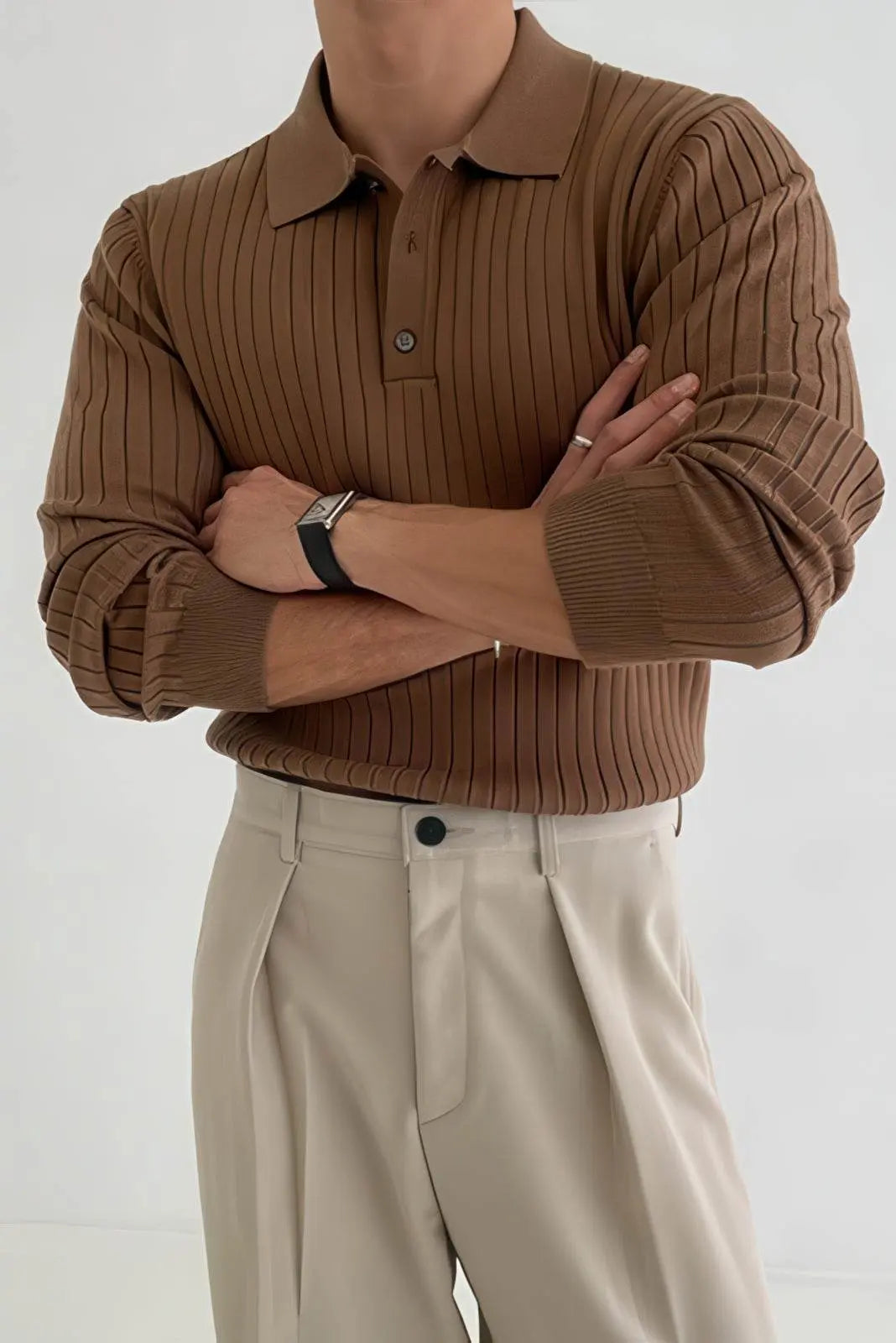 Men's Striped Knit Polo Shirt — Muscle Fit Long Sleeve 4inme