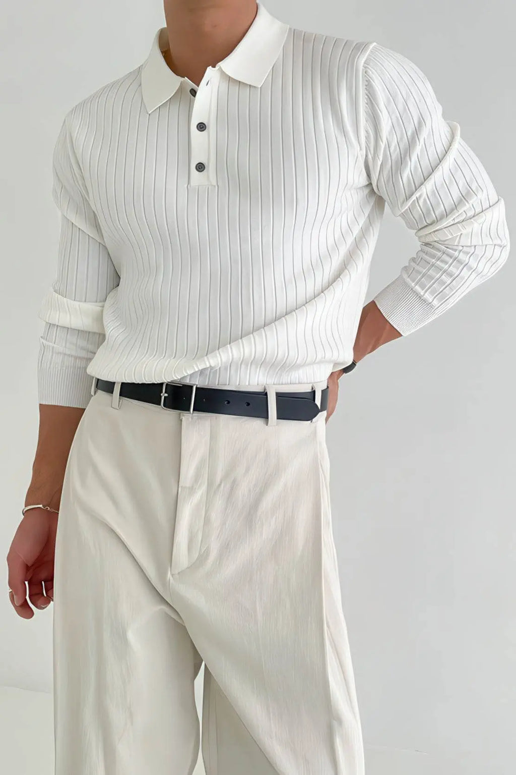 Men's Striped Knit Polo Shirt — Muscle Fit Long Sleeve 4inme