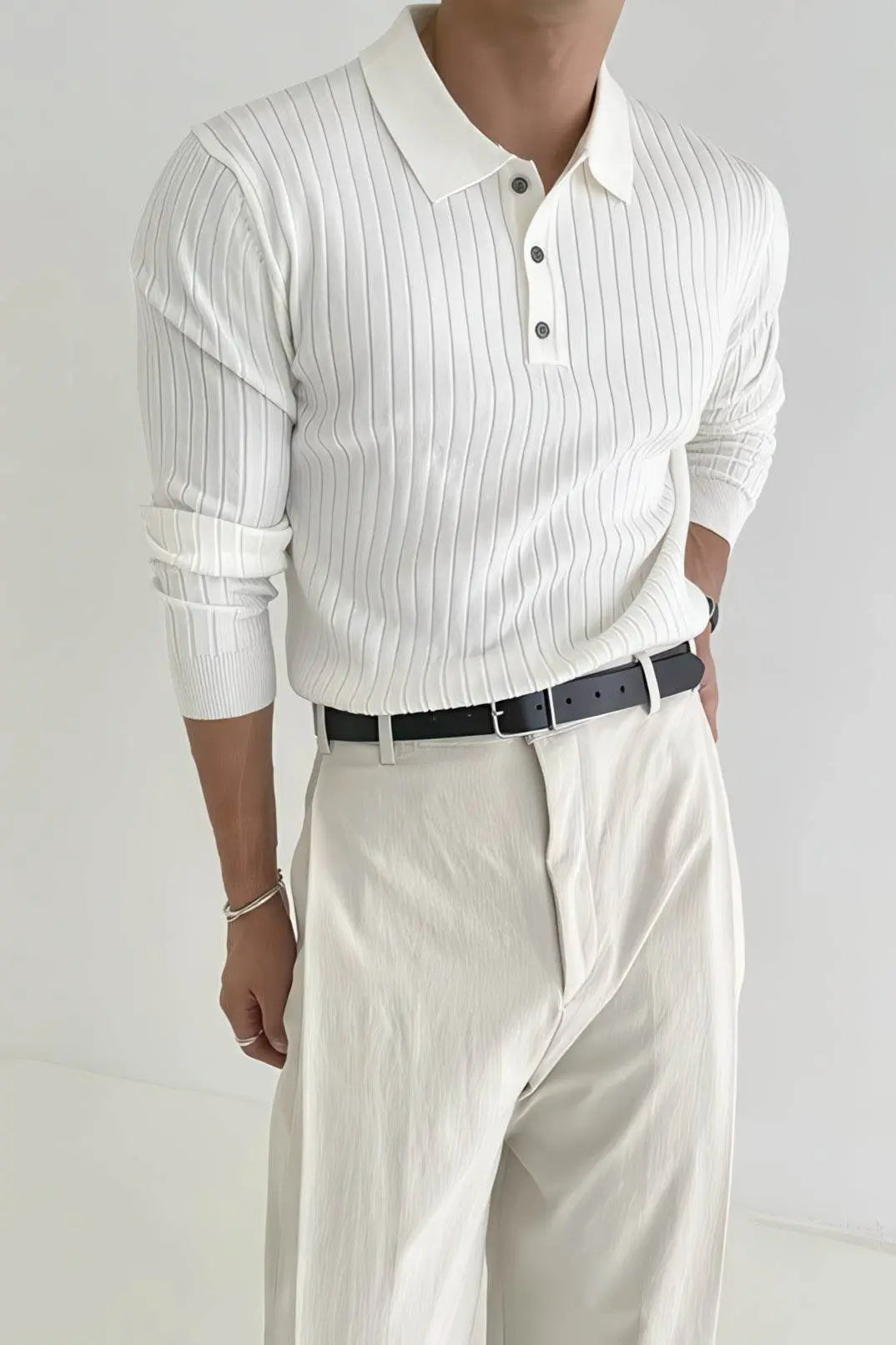 Men's Striped Knit Polo Shirt — Muscle Fit Long Sleeve 4inme