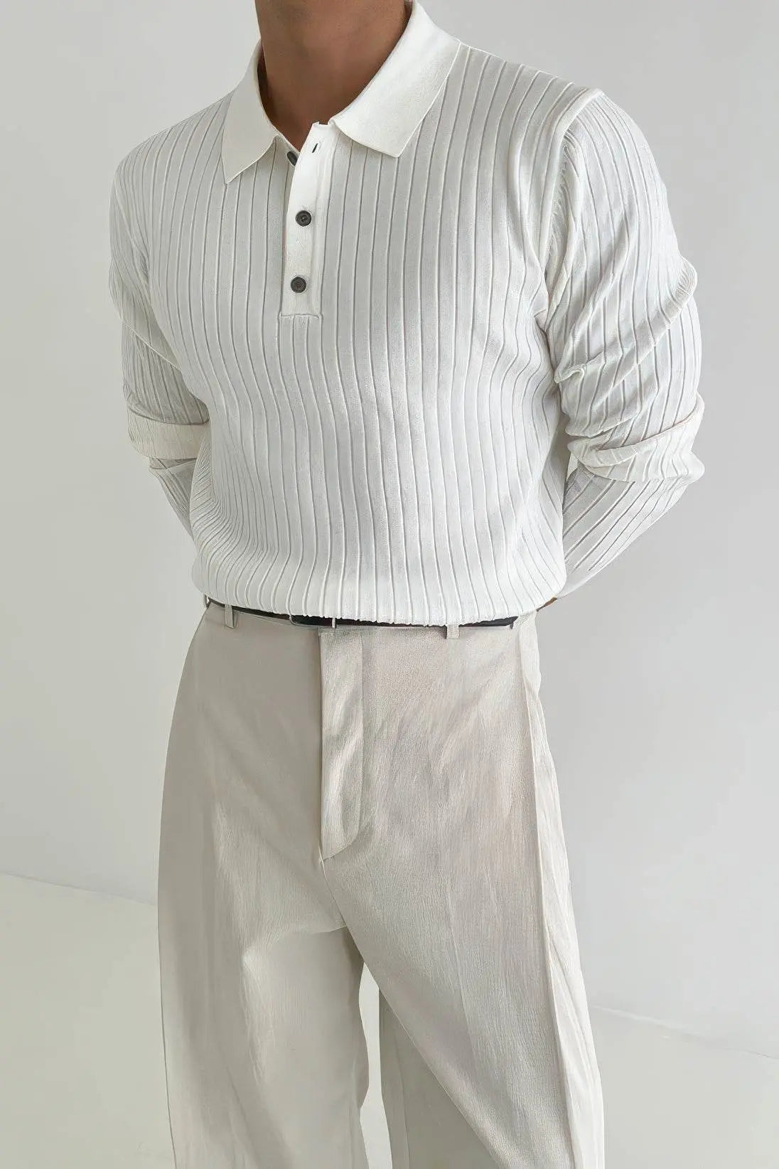 Men's Striped Knit Polo Shirt — Muscle Fit Long Sleeve 4inme