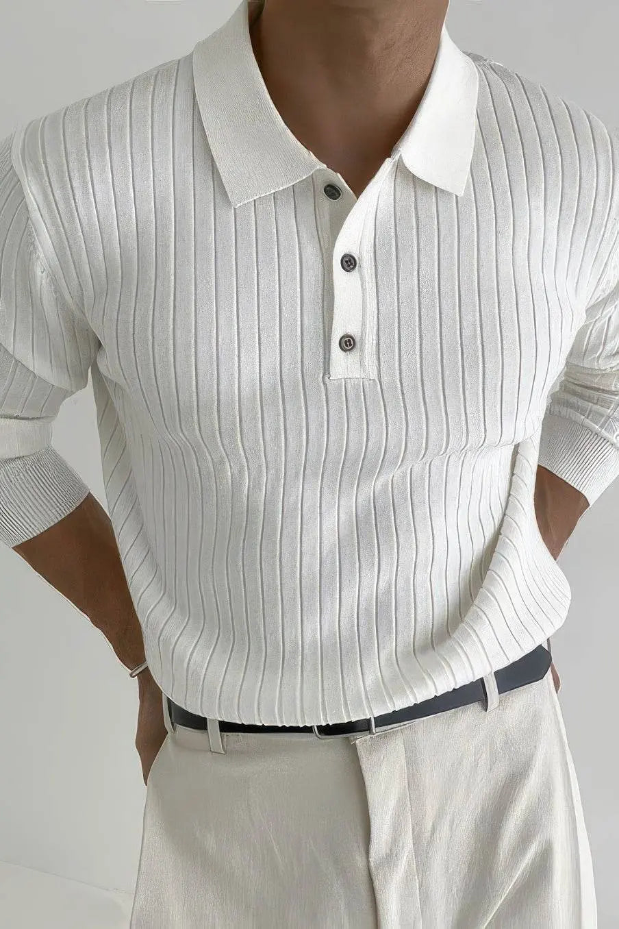 Men's Striped Knit Polo Shirt — Muscle Fit Long Sleeve 4inme