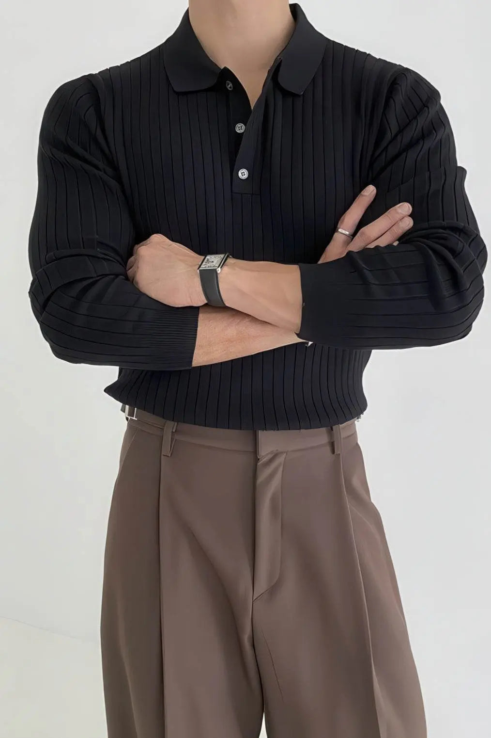 Men's Striped Knit Polo Shirt — Muscle Fit Long Sleeve 4inme