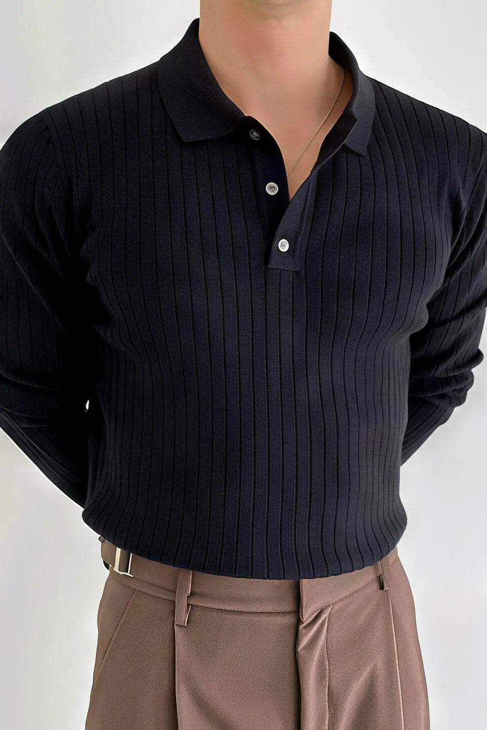 Men's Striped Knit Polo Shirt — Muscle Fit Long Sleeve 4inme