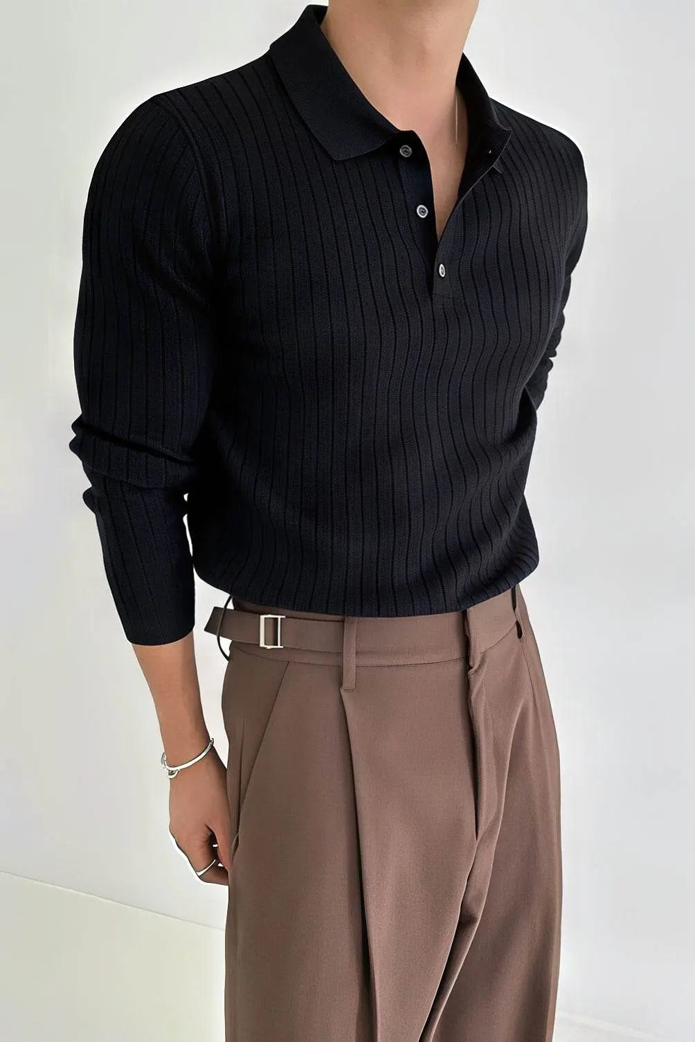 Men's Striped Knit Polo Shirt — Muscle Fit Long Sleeve 4inme