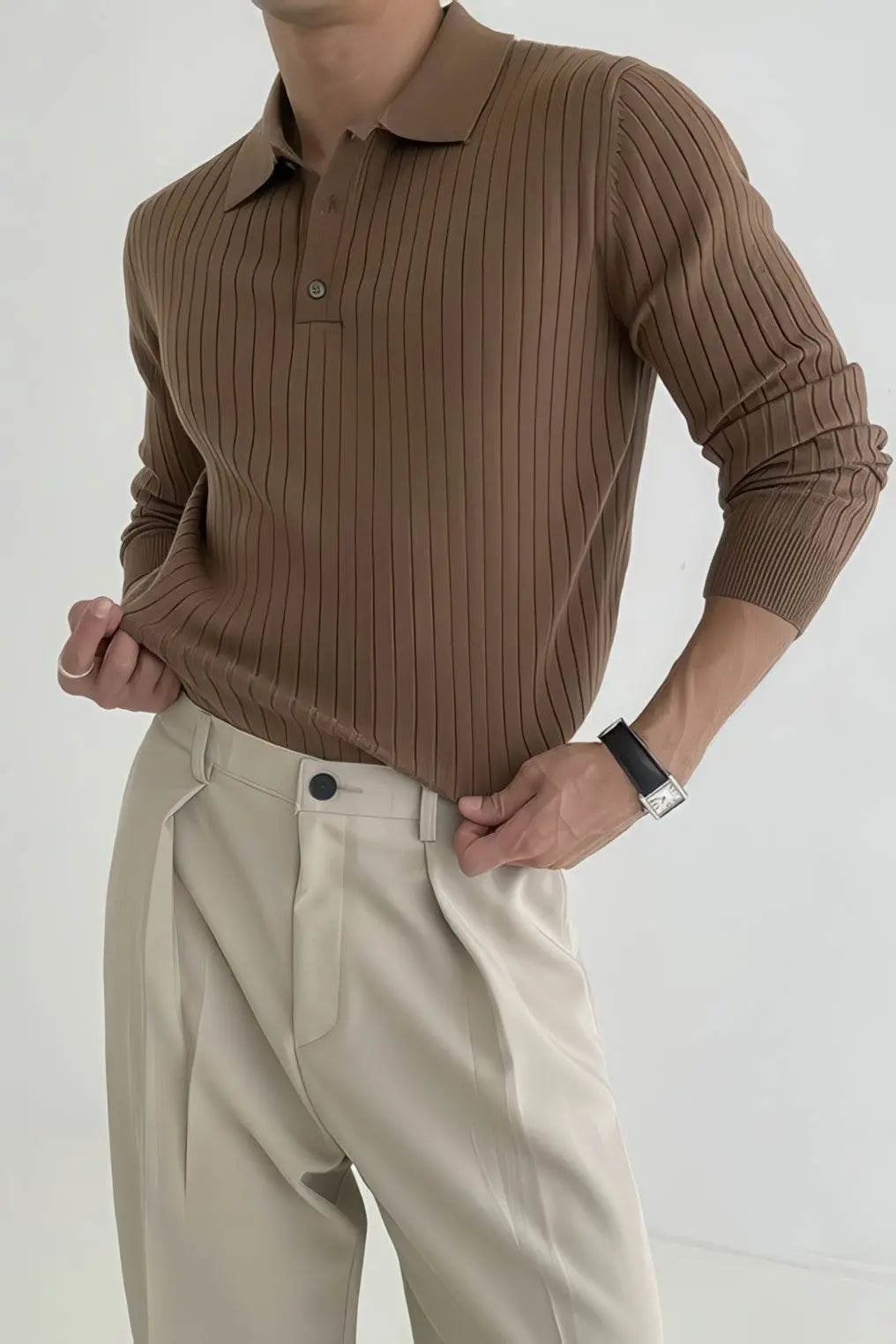 Men's Striped Knit Polo Shirt — Muscle Fit Long Sleeve 4inme
