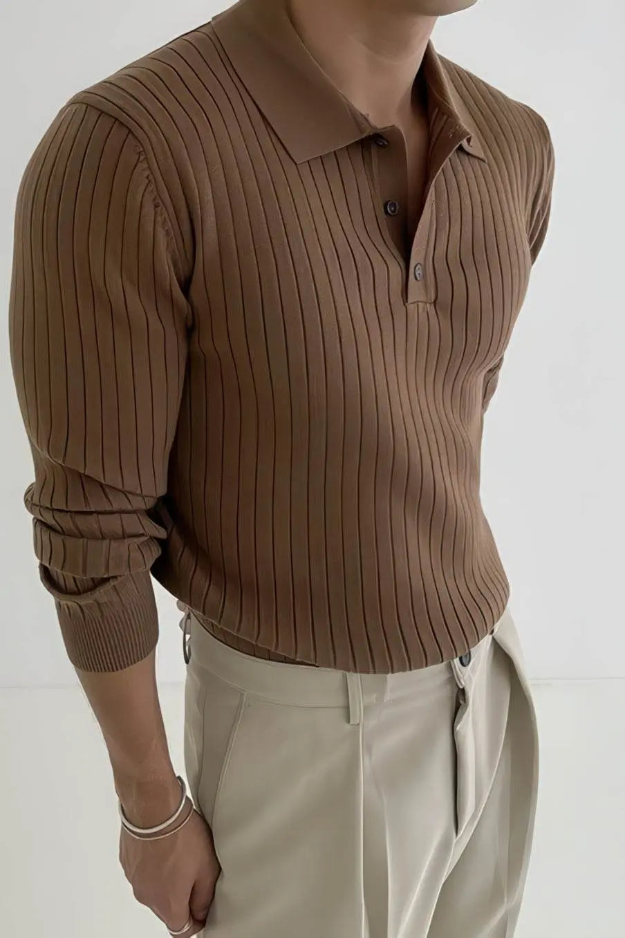 Men's Striped Knit Polo Shirt — Muscle Fit Long Sleeve 4inme