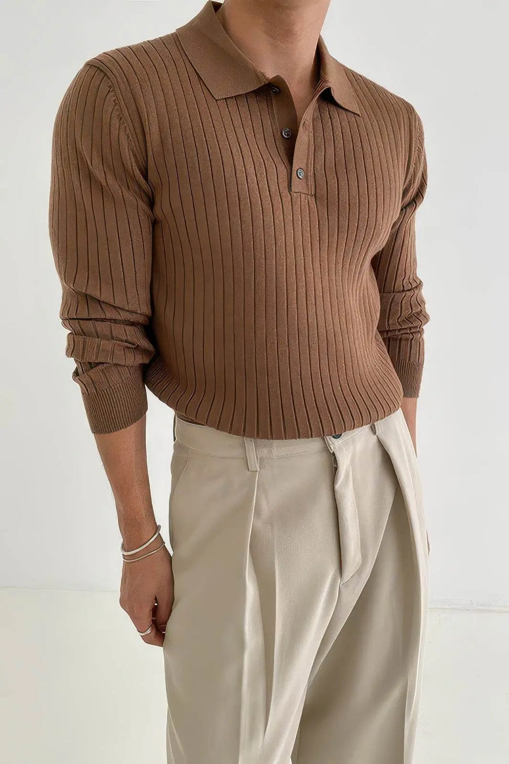 Men's Striped Knit Polo Shirt — Muscle Fit Long Sleeve 4inme