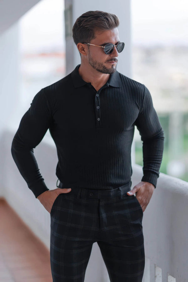 Men's Striped Knit Polo Shirt — Muscle Fit Long Sleeve 4inme