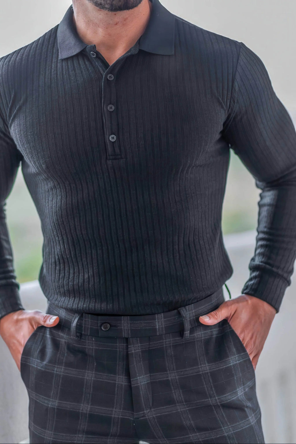 Men's Striped Knit Polo Shirt — Muscle Fit Long Sleeve 4inme