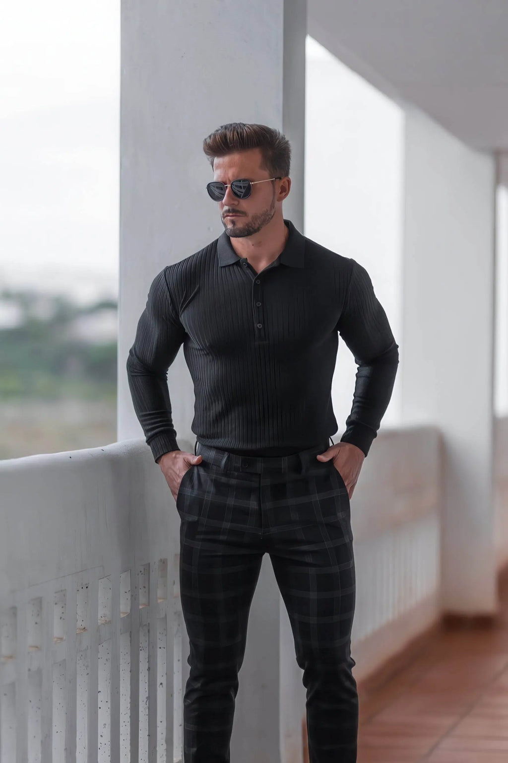 Men's Striped Knit Polo Shirt — Muscle Fit Long Sleeve 4inme