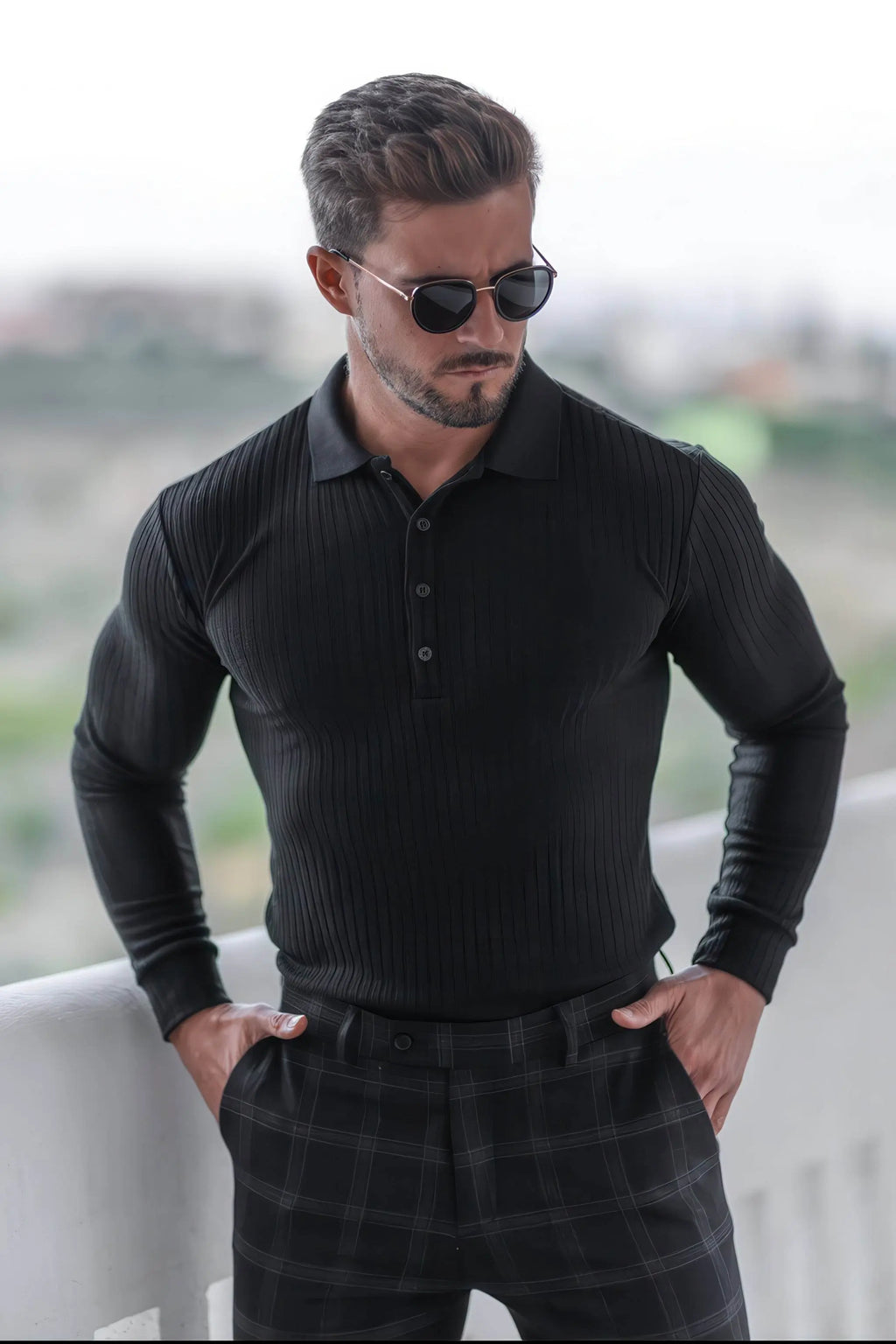 Men's Striped Knit Polo Shirt — Muscle Fit Long Sleeve 4inme